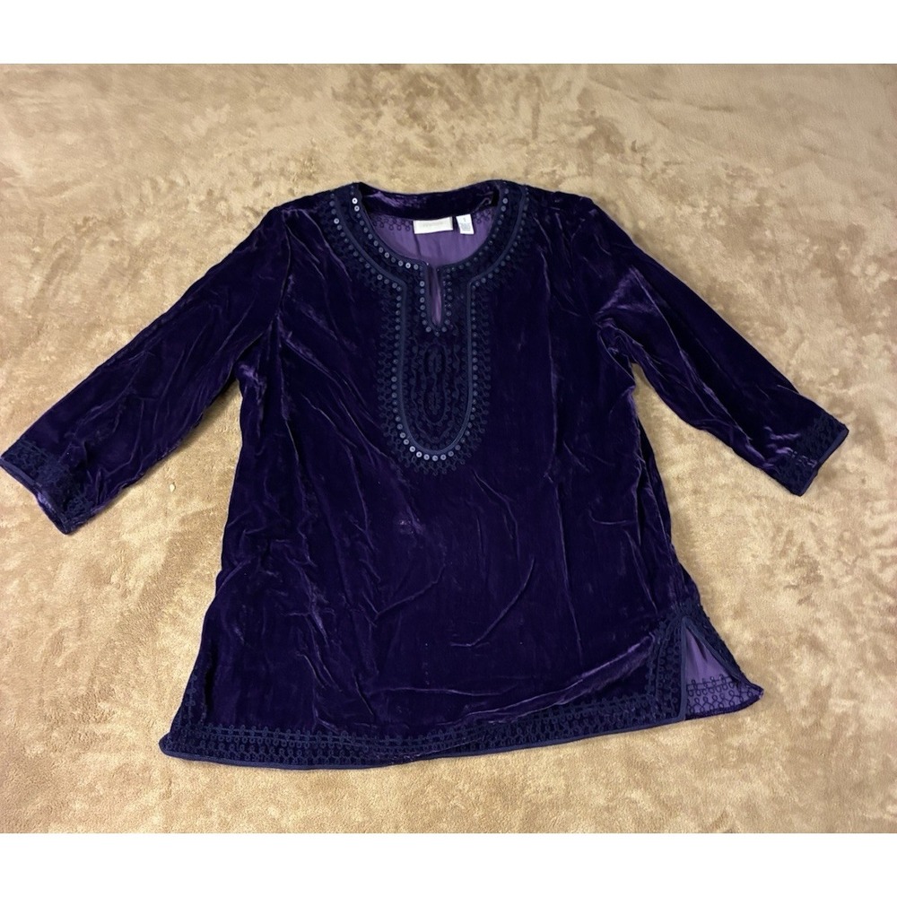 Chico's Womens Med Royal Gothic Dreams Purple Velvet Tunic Top Sequin Embroidery